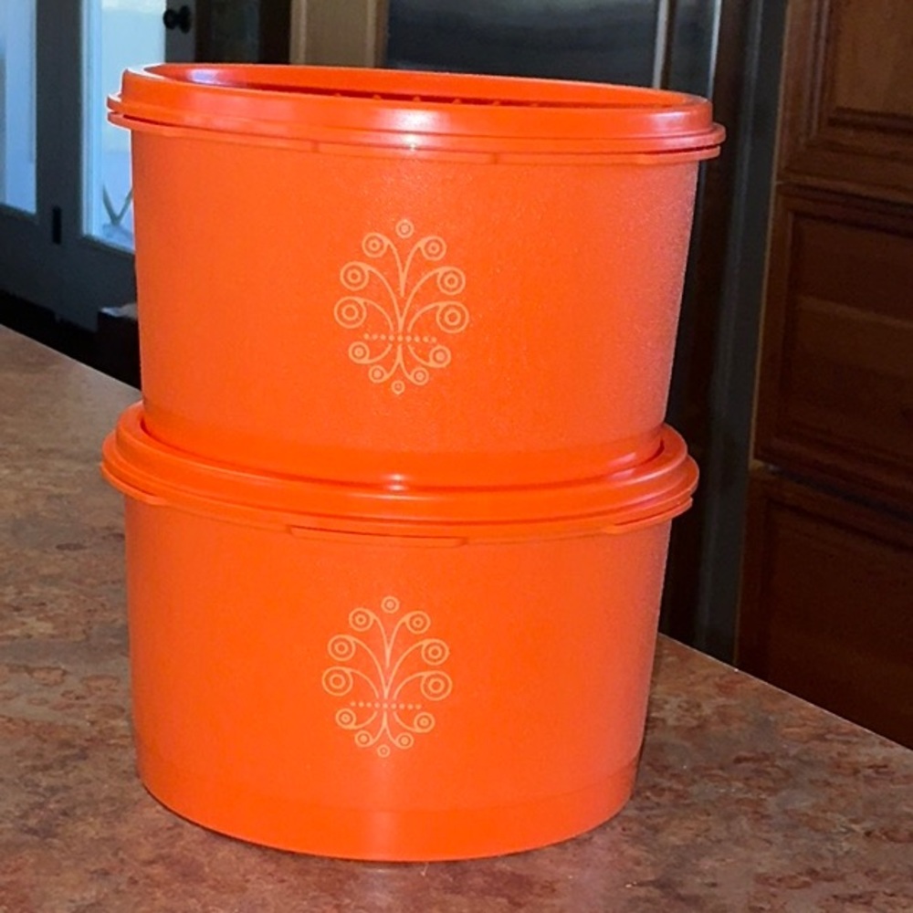 Vintage Tupperware Servalier Set of 2 Small Round Canisters Orange